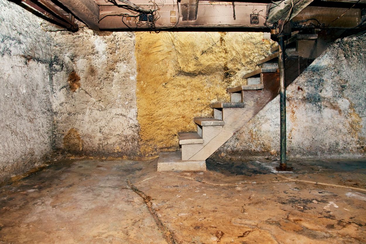 View of an unfinished basement with a staircase and cement floor, relevant for mold removal services in Austin, TX.