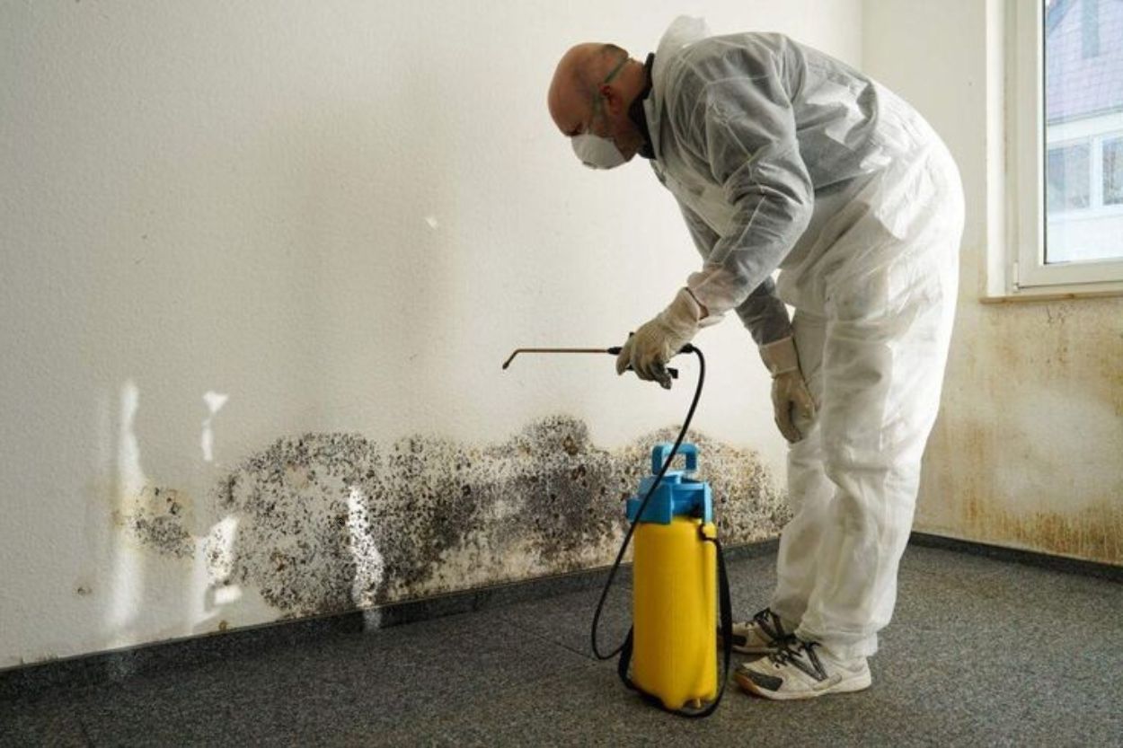 A man wearing white overalls sprays a yellow solution on a moldy wall as part of a mold removal service in Austin, TX.