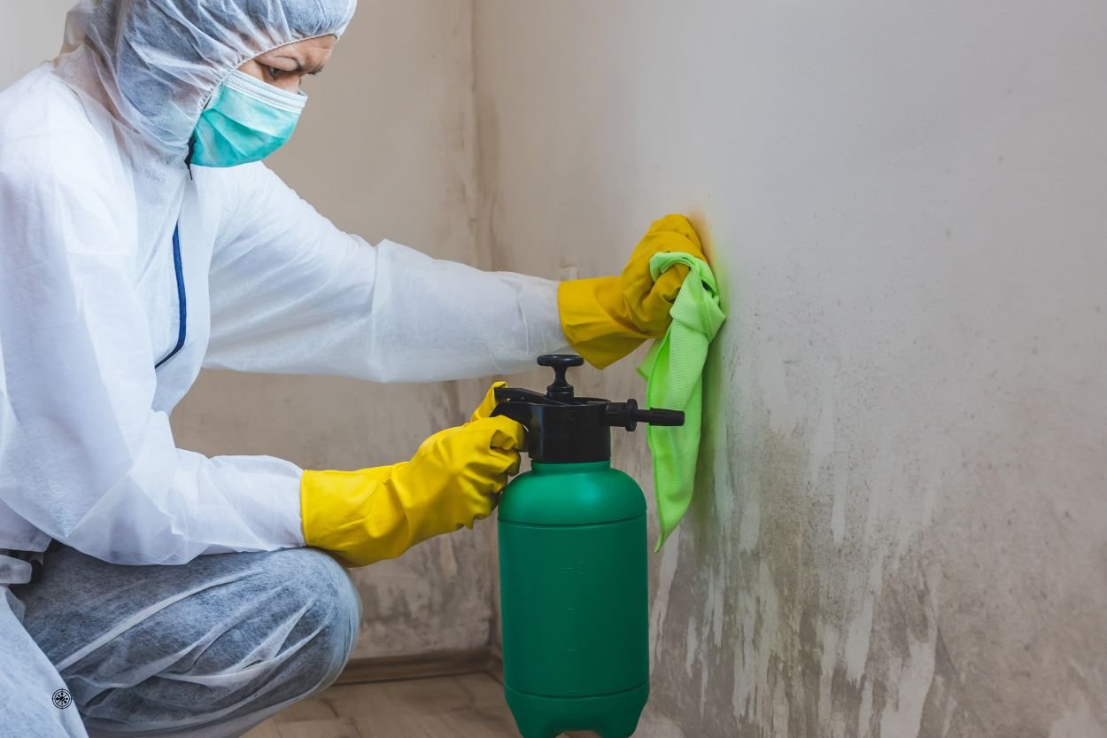A man wearing a white coat and gloves sprays a wall with mold treatment, representing a black mold removal service in Austin, TX.