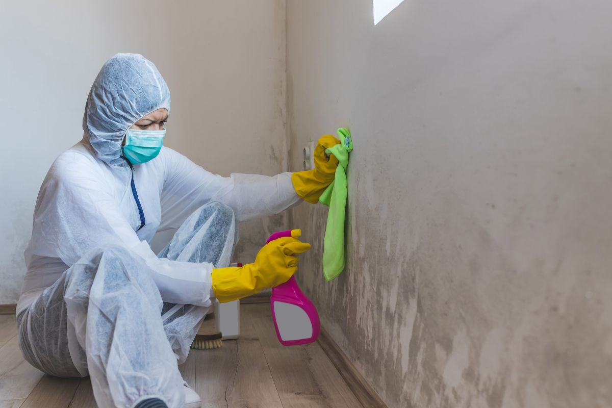 Individual in protective gear sanitizes a wall, emphasizing the importance of addressing indoor air pollution sources. 